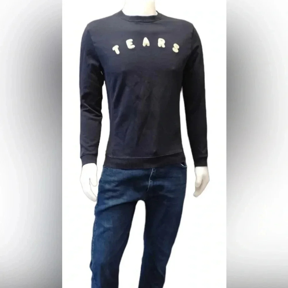 Zara Man Tears Blue Knit Embroidered Pullover Sweater Size Medium
